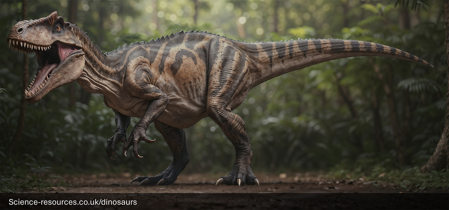 The image portrays a realistic rendering of an Saurophaganax dinosaur in a forest setting. The Saurophaganax is standing in the middle of a forest path, surrounded by dense green trees and vegetation.