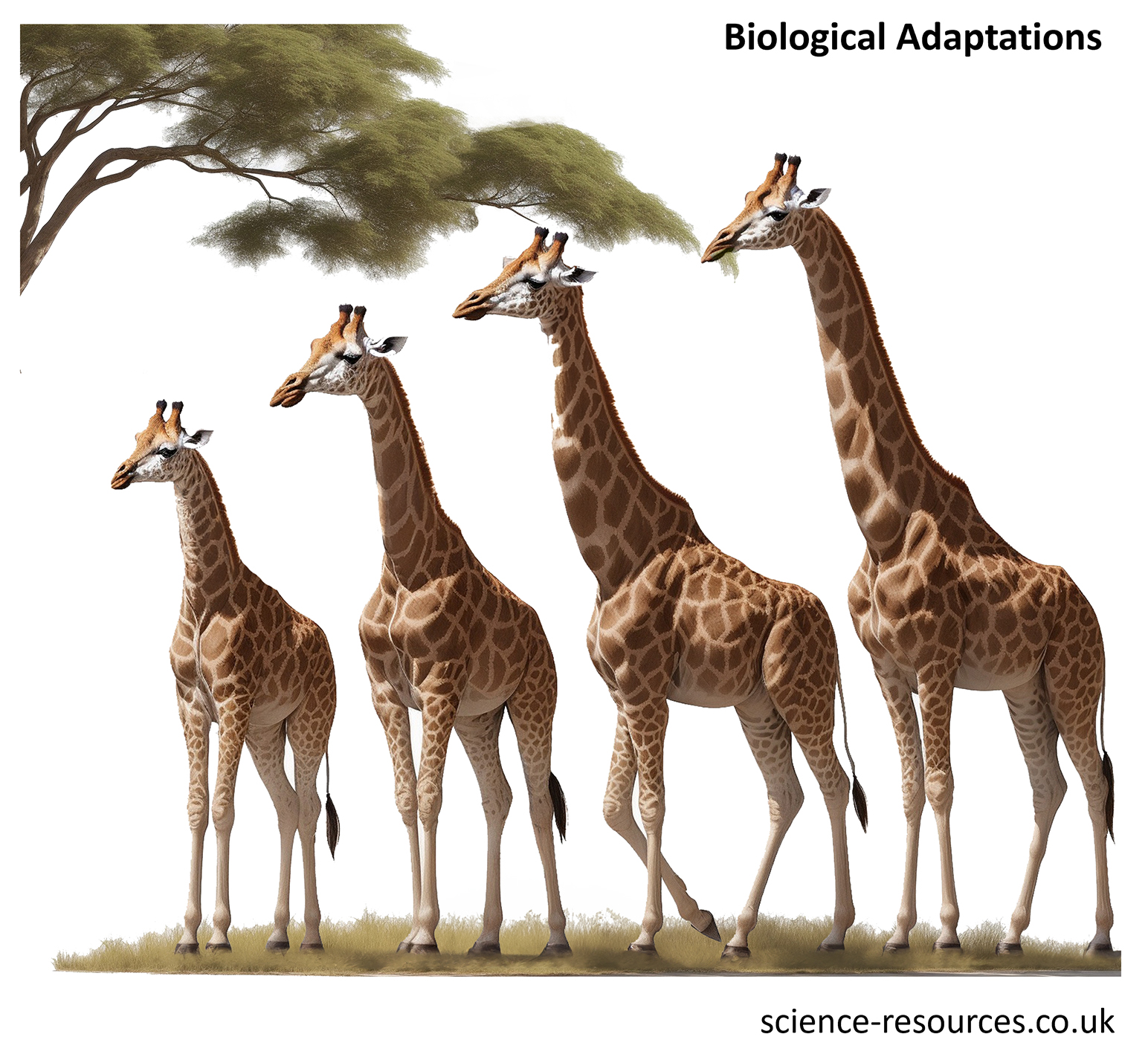 Image showing biological adaptations in giraffes.
The image features four giraffes of varying heights, standing in a line under a tree with sparse, green foliage. It shows  how certain traits, like the giraffe’s neck, have evolved to suit their environment.
