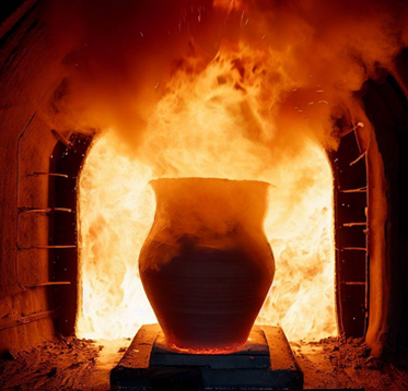 Clay is heated to very high temperatures in a kiln.