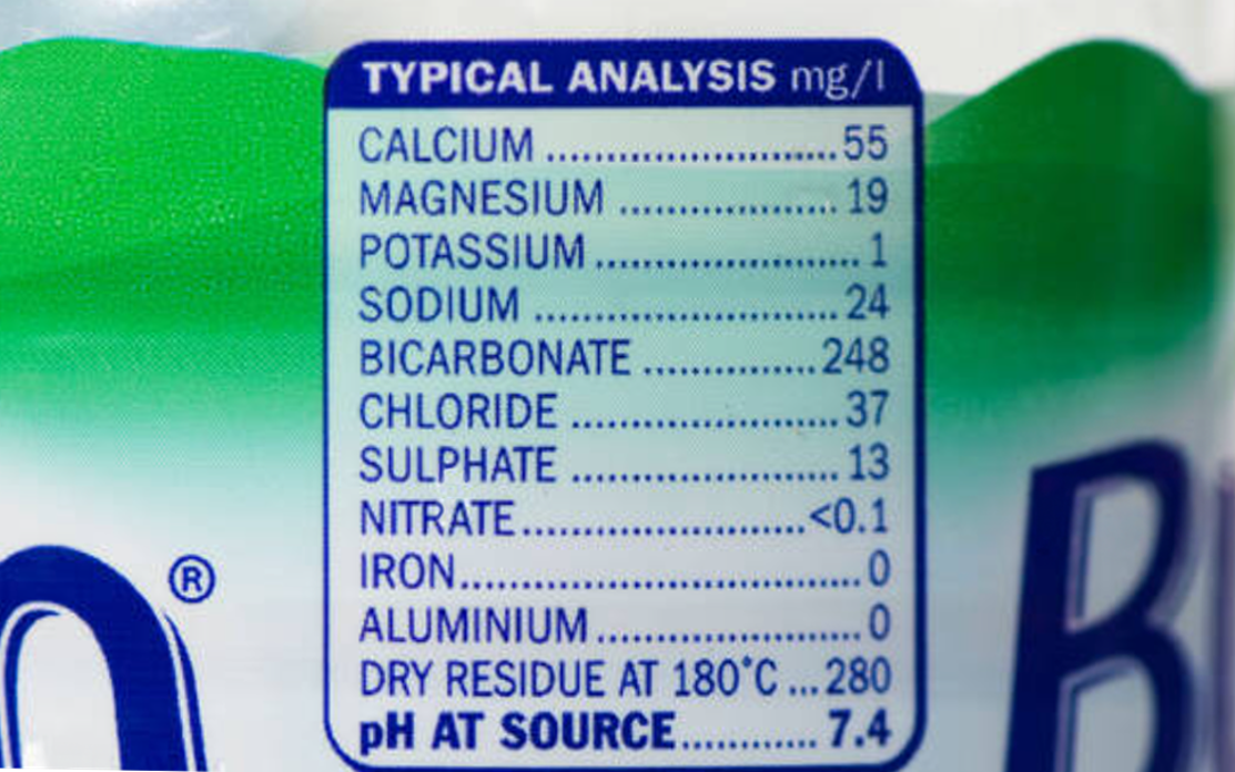 This image shows the typical analysis label on a bottle of water, listing various minerals and their concentrations in mg/l. It also provides information about the dry residue and pH of the water at source. The label is white with blue and green text.