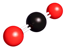 This image shows a molecular model of a carbon dioxide molecule, which consists of one carbon atom and two oxygen atoms bonded together. The carbon atom is black, the oxygen atoms are red, and the bonds are white. 