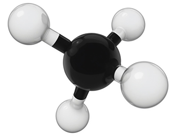This image shows a molecular model of a methane molecule, which consists of one carbon atom and four hydrogen atoms bonded together. The carbon atom is black, the hydrogen atoms are white. 