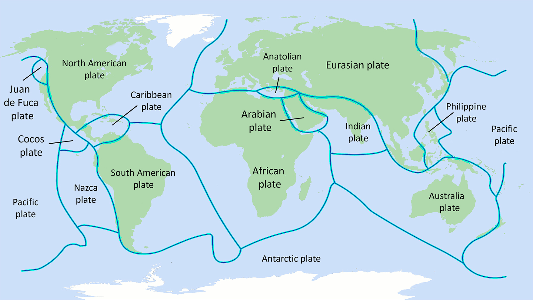 This image shows a map of the world with the major tectonic plates outlined and named. Tectonic plates are large pieces of the Earth’s crust that move and interact with each other, causing earthquakes, volcanoes, and mountain formation. The map also shows the boundaries between the plates, which can be convergent, divergent, or transform.