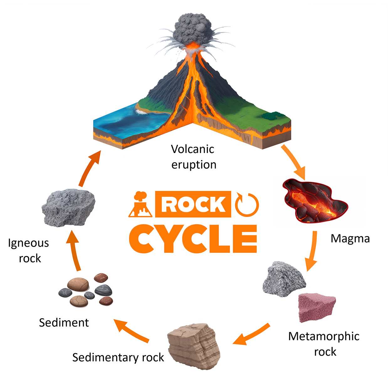 This image is a diagram illustrating the rock cycle. It shows various stages of the cycle, including the formation and transformation of different types of rocks due to natural processes like volcanic eruptions. The diagram is labeled “ROCK CYCLE,” and has an icon of a volcano erupting at the top. The cycle starts from magma, which cools down to form igneous rock. Igneous rock breaks down into sediment, which compresses into sedimentary rock. Sedimentary rock under heat and pressure transforms into metamorphic rock, which melts during volcanic eruptions, turning back into magma. The diagram uses arrows to indicate the flow of the cycle from one type of rock or material to another.