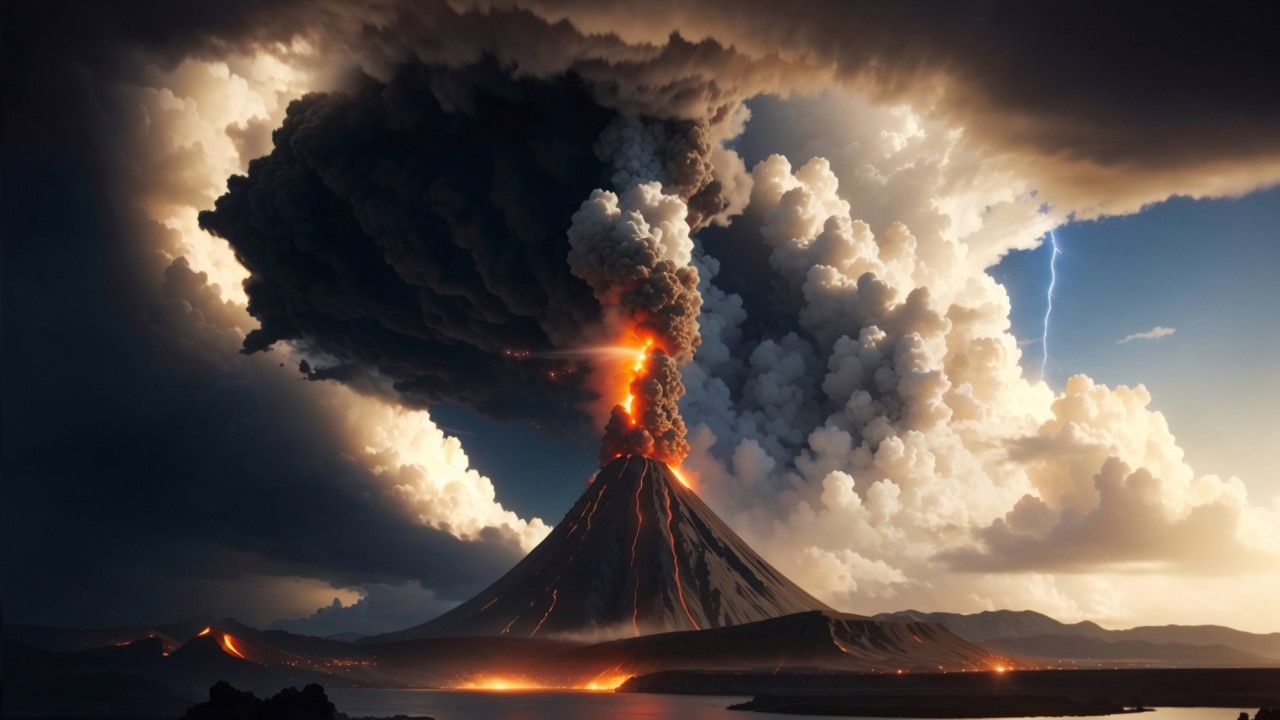 Image of a fiery erupting volcano.