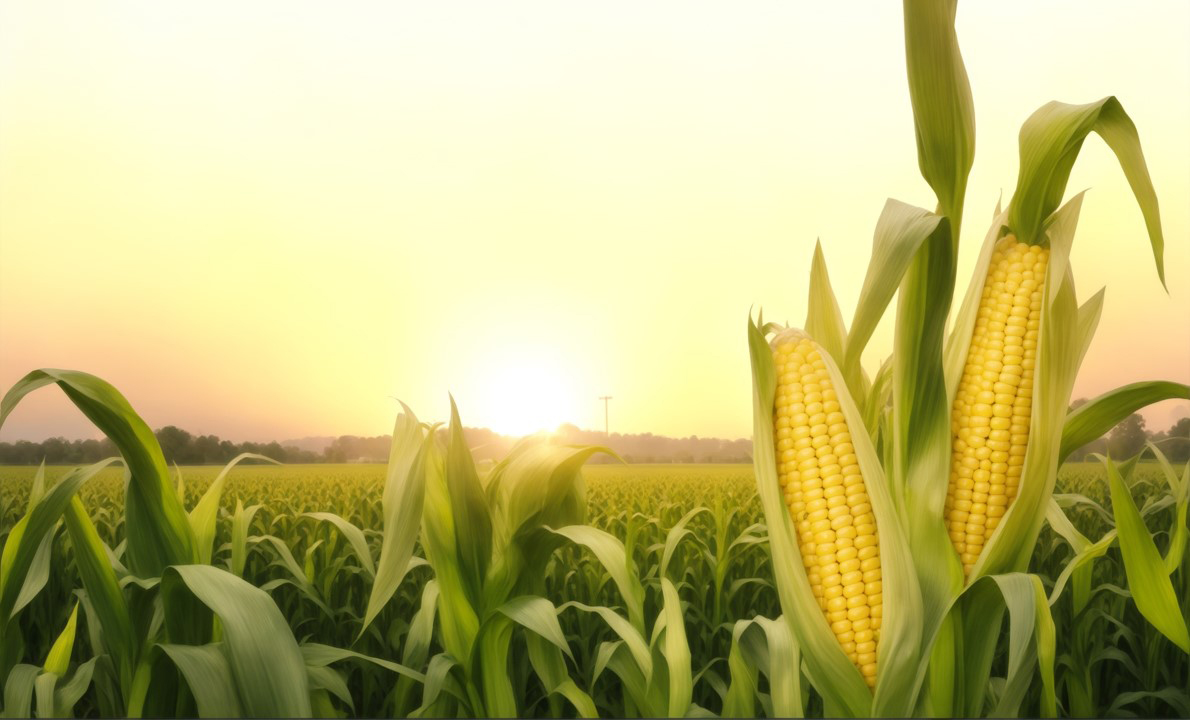 image of a serene and beautiful scene of a cornfield at sunset. Two ears of corn in the foreground are prominently displayed, with the lush green field stretching out behind them. The golden hue of the setting sun bathes the entire scene, creating a warm and inviting atmosphere.
