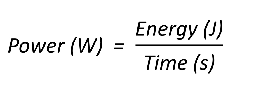 Image showing the formula for calculating power. Where Power (W) = Energy (J) divided by Time (s).