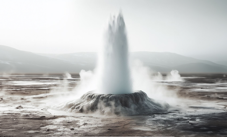 image of a geyser erupting, releasing a powerful stream of water and steam into the air. The scene is set in an open landscape with mountains faintly visible in the background.