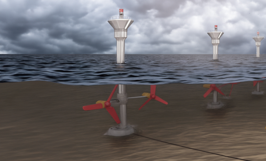 This is an image of an underwater view of tidal turbines anchored to the seabed and their corresponding surface structures that resemble small lighthouses. The sky is overcast, and the sea surface is moderately calm.