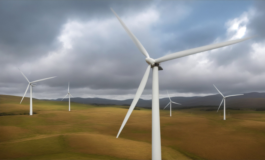 image of a landscape with several wind turbines. The turbines are spread out across a rolling field, and the sky above is cloudy. It looks like a peaceful and eco-friendly scene.
