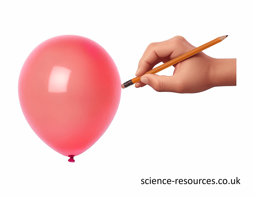 This image depicts a hand holding the blunt end of a pencil close to a red inflated balloon. It seems like the pencil is about to pop the balloon.