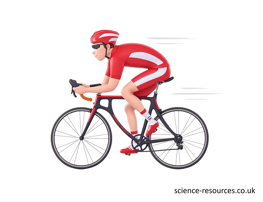Professional cyclists wearing a red and white aerodynamic helmet designed to cut through the air easily. 
