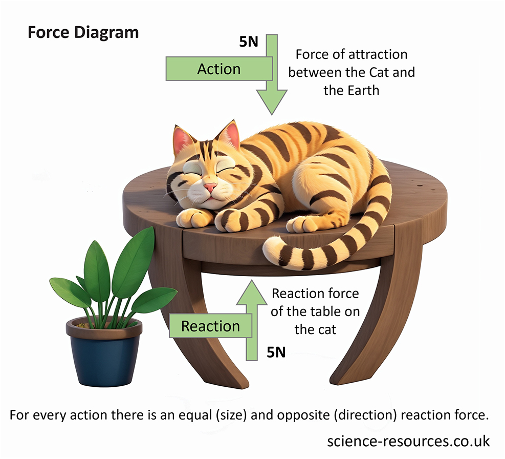 This image is a force diagram featuring a cat lying on a table, illustrating the concept of Newton’s third law of motion. It shows the forces acting upon the cat and the table, labeled as “Action” and “Reaction,” respectively.