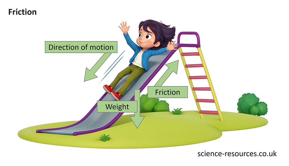 The image shows a person sliding down a slide, with arrows and labels indicating the forces acting on them, such as friction and weight, and their direction of motion. 