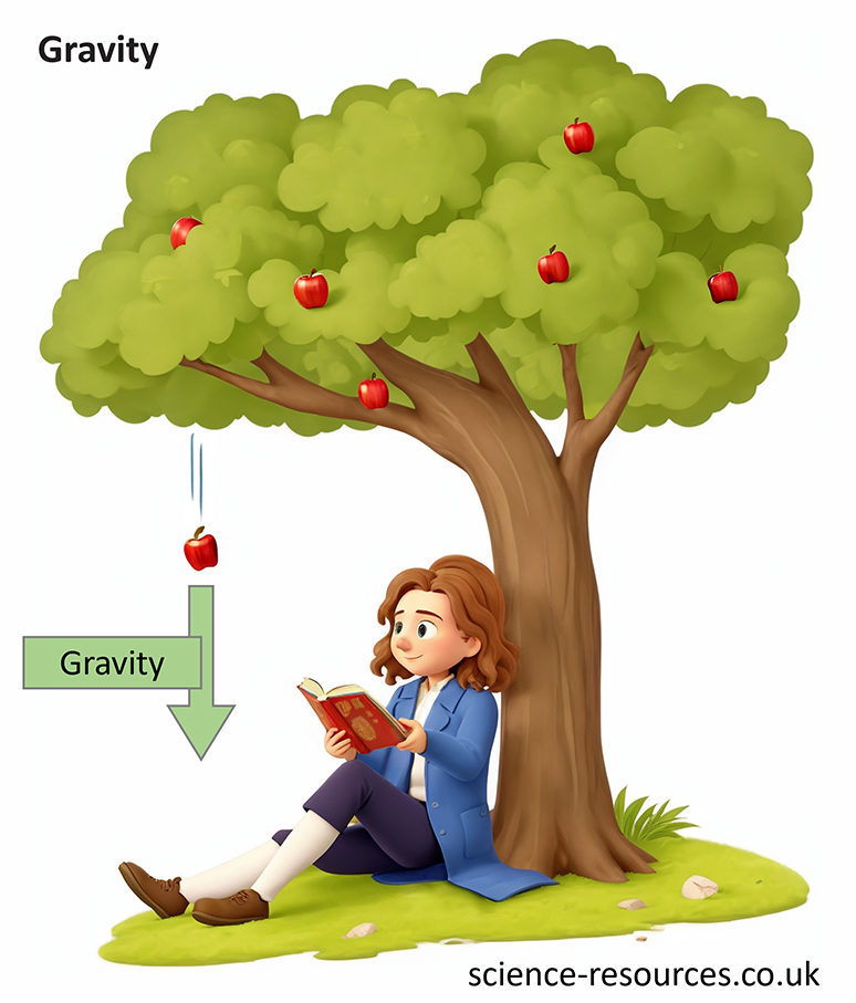 The image shows the concept of gravity, showing a person reading a book under an apple tree. An apple is falling from the tree, with arrows indicating the force of gravity. 