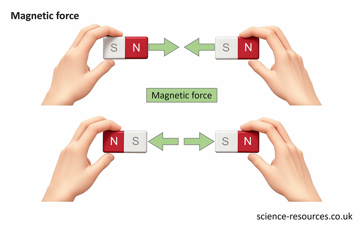 The image shows the concept of magnetic force between two magnets. It shows how opposite poles attract and like poles repel each other. 