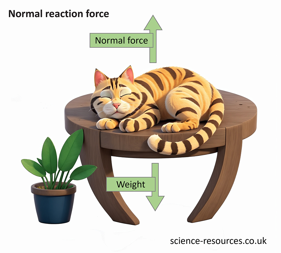 The image shows a cat resting on a stool, with arrows indicating the forces of weight and normal force.