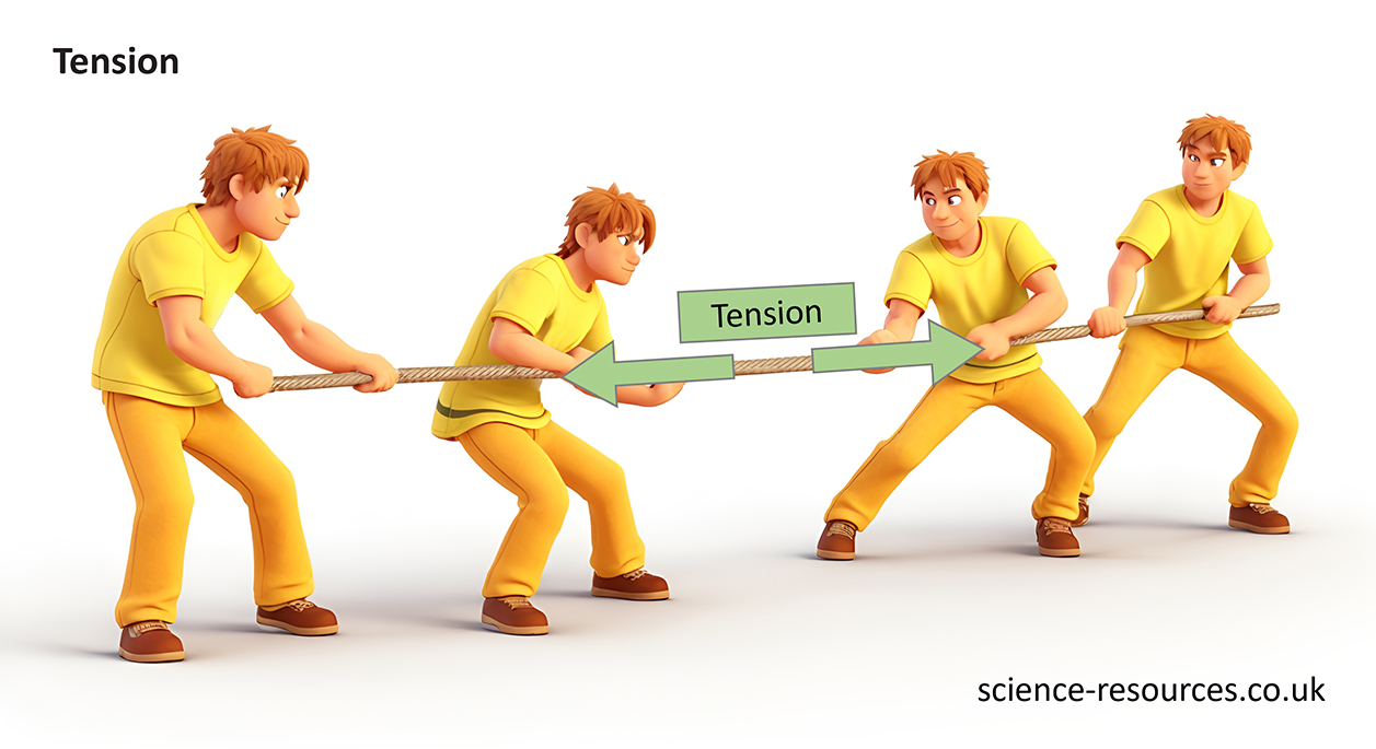 Image showing a tug of war game with four figures wearing yellow outfits. The word “Tension” is written above the rope and on a green label to indicate the force being applied by both teams. 