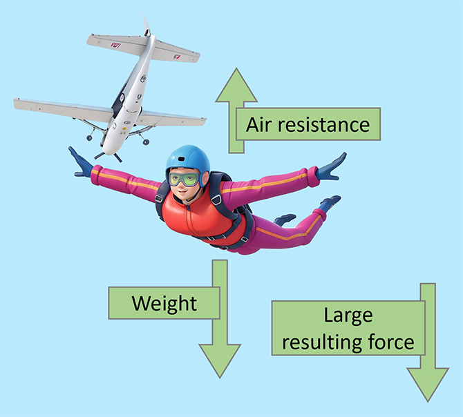 This image illustrates a skydiver in mid-air, with labels and arrows indicating the forces acting on them. A plane is visible in the background, indicating that the skydiver has recently jumped.

The labels are:

Air resistance with an upward arrow indicates the force counteracting gravity.
Weight with a downward arrow represents gravitational pull on the skydiver.
Larger resulting force with a diagonal downward arrow shows the net force on the skydiver.
This means that the skydiver is in a state of free fall, where they accelerate downwards due to gravity. The skydiver can reduce their acceleration by increasing their air resistance, which depends on their body position and surface area.
