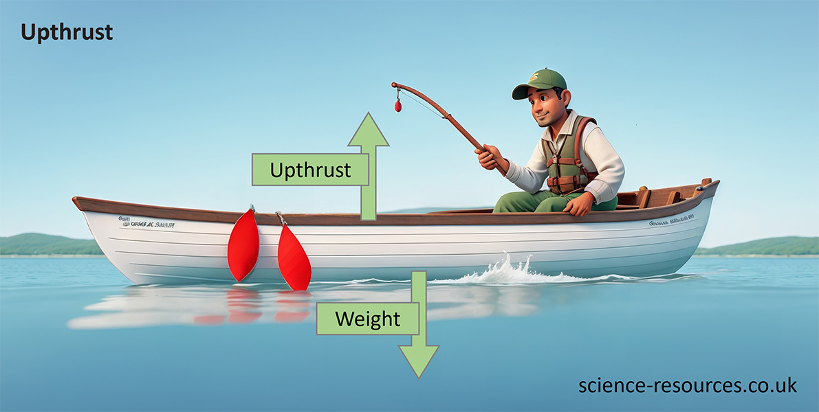 The image shows a boat floating on water, with arrows indicating the forces of weight and upthrust.