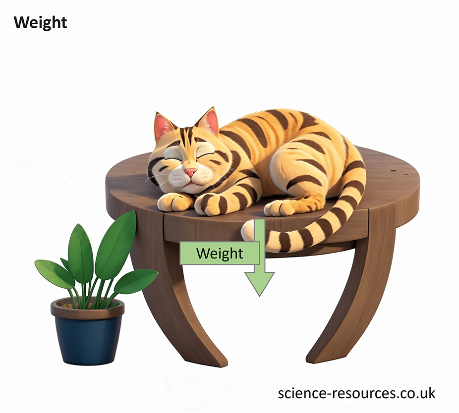 The image shows a cat resting on a stool, with an arrow indicating the forces of weight.