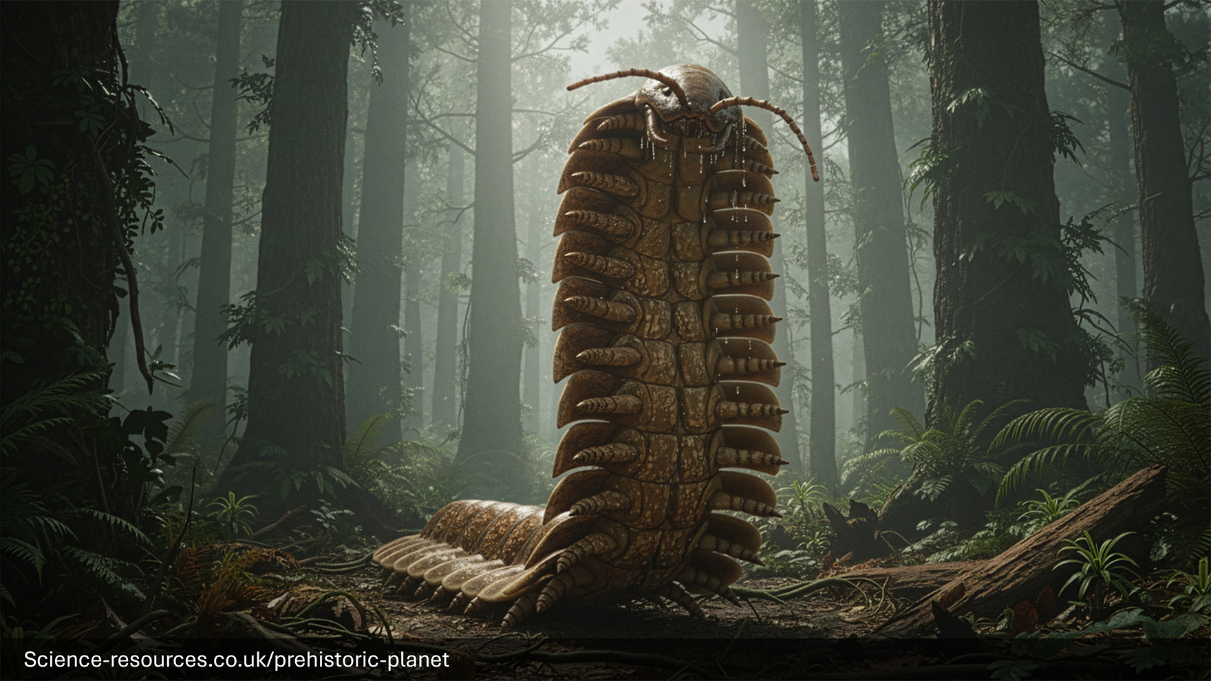 A realistic image of a Arthropleura in a prehistroic forest.