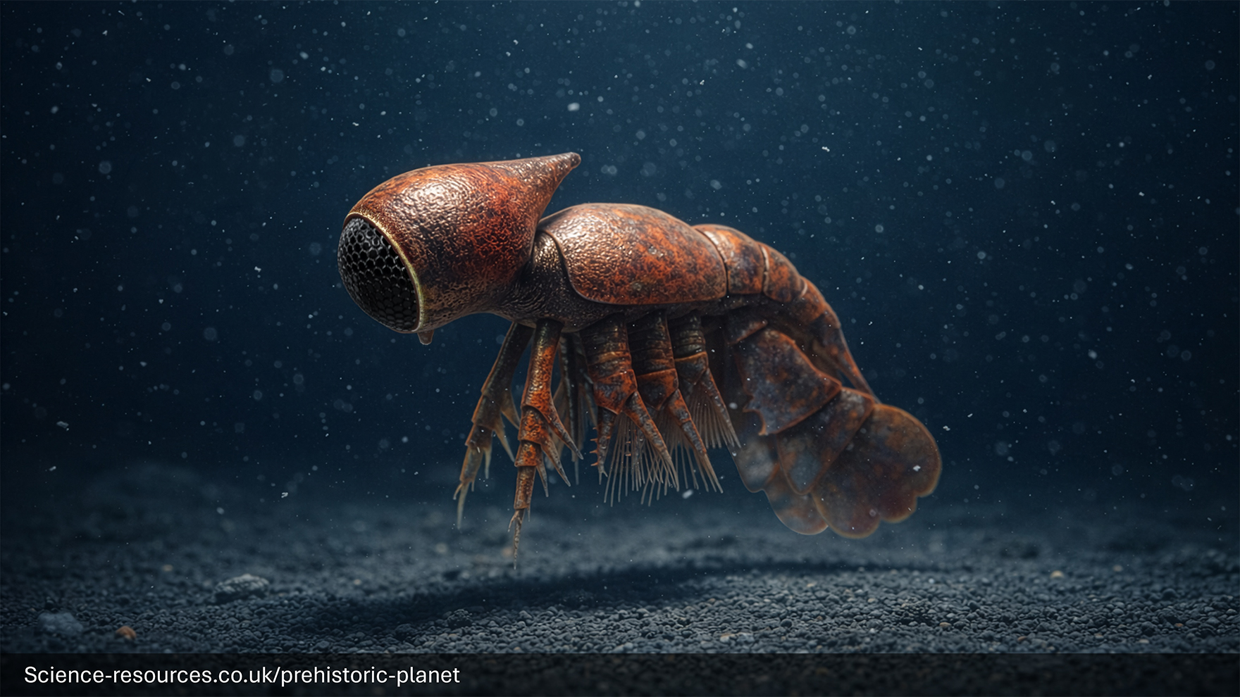 A realistic image of a Cambropachycope on a prehistroic ocean floor.