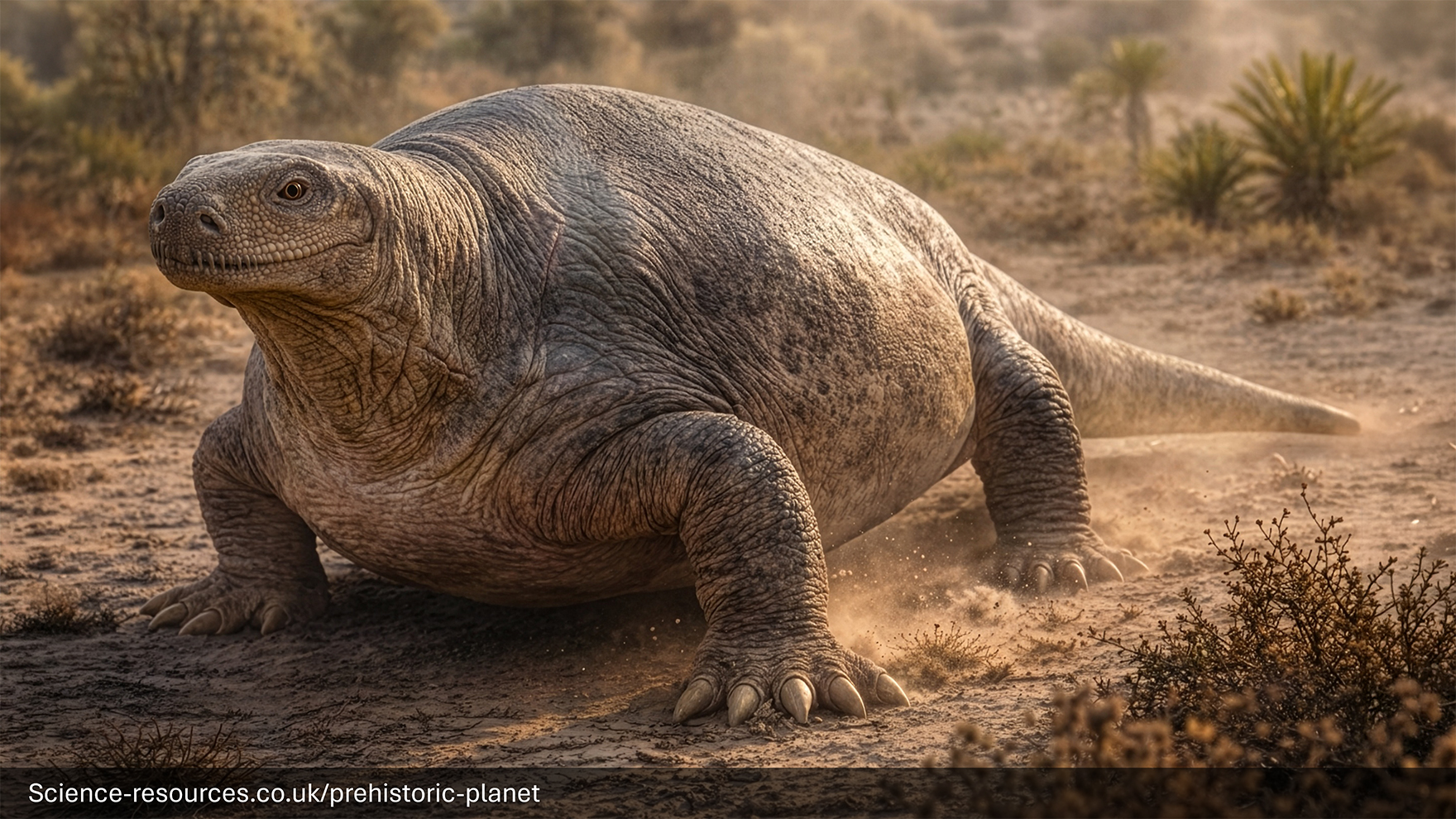 A realistic image of a Cotylorhynchus in a prehistroic desert.