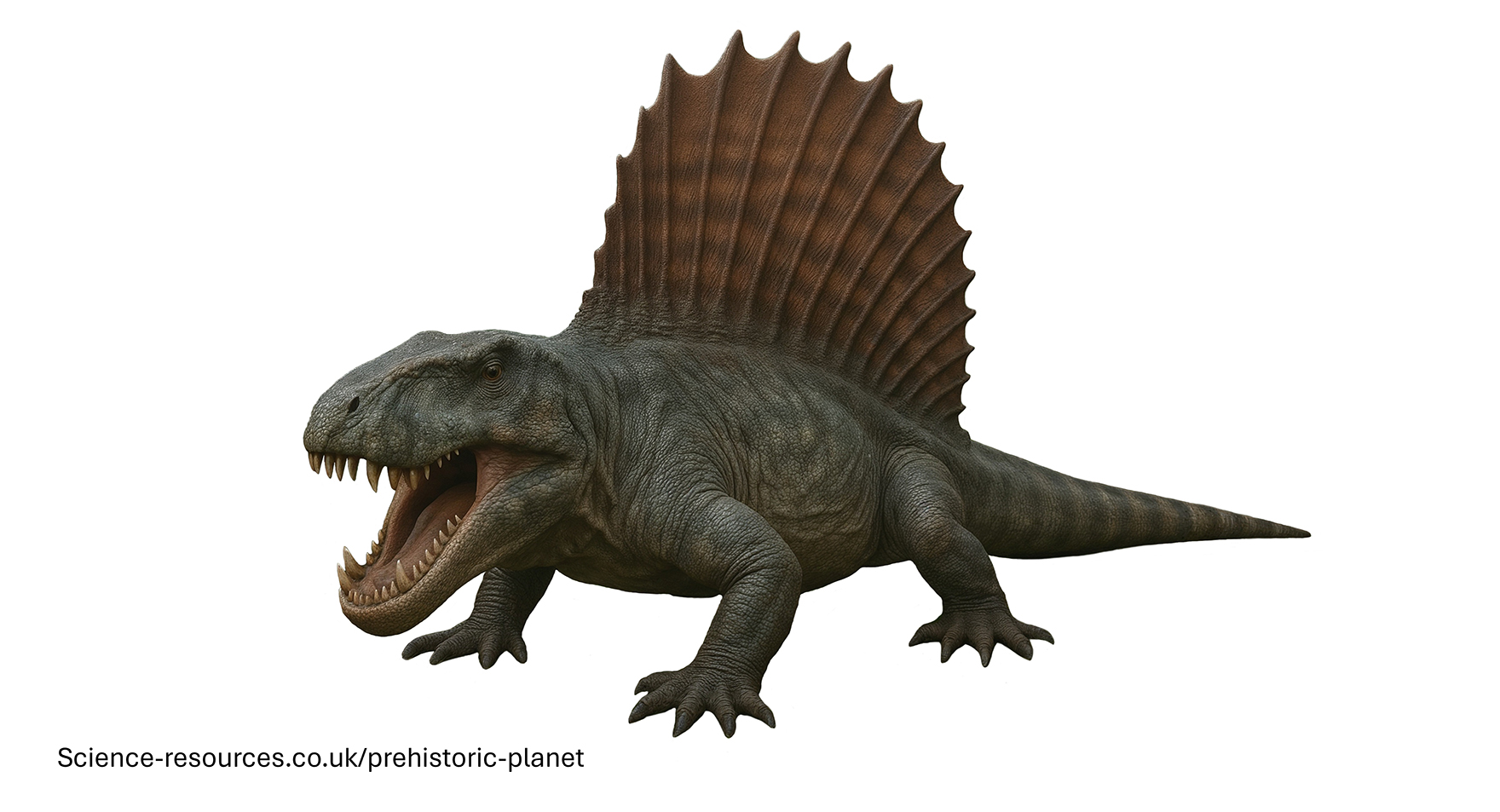 A photo realistic image of an Dimetrodon on a white background