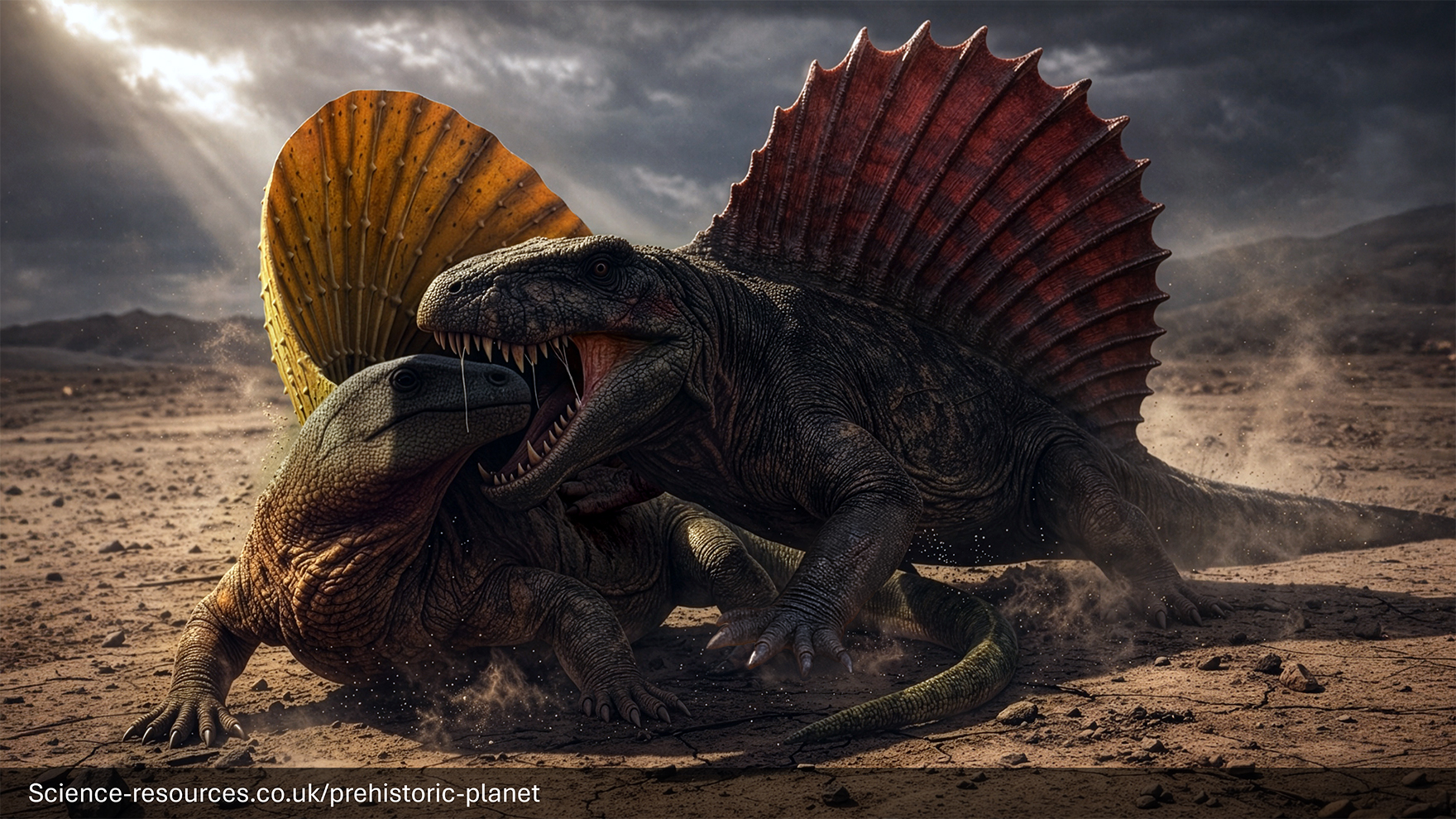 Image depicting a classic prehistoric battle between Dimetrodon and Edaphosaurus.