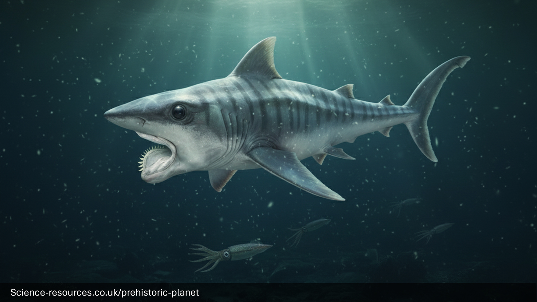 A realistic image of a Helicoprion in a prehistroic ocean.