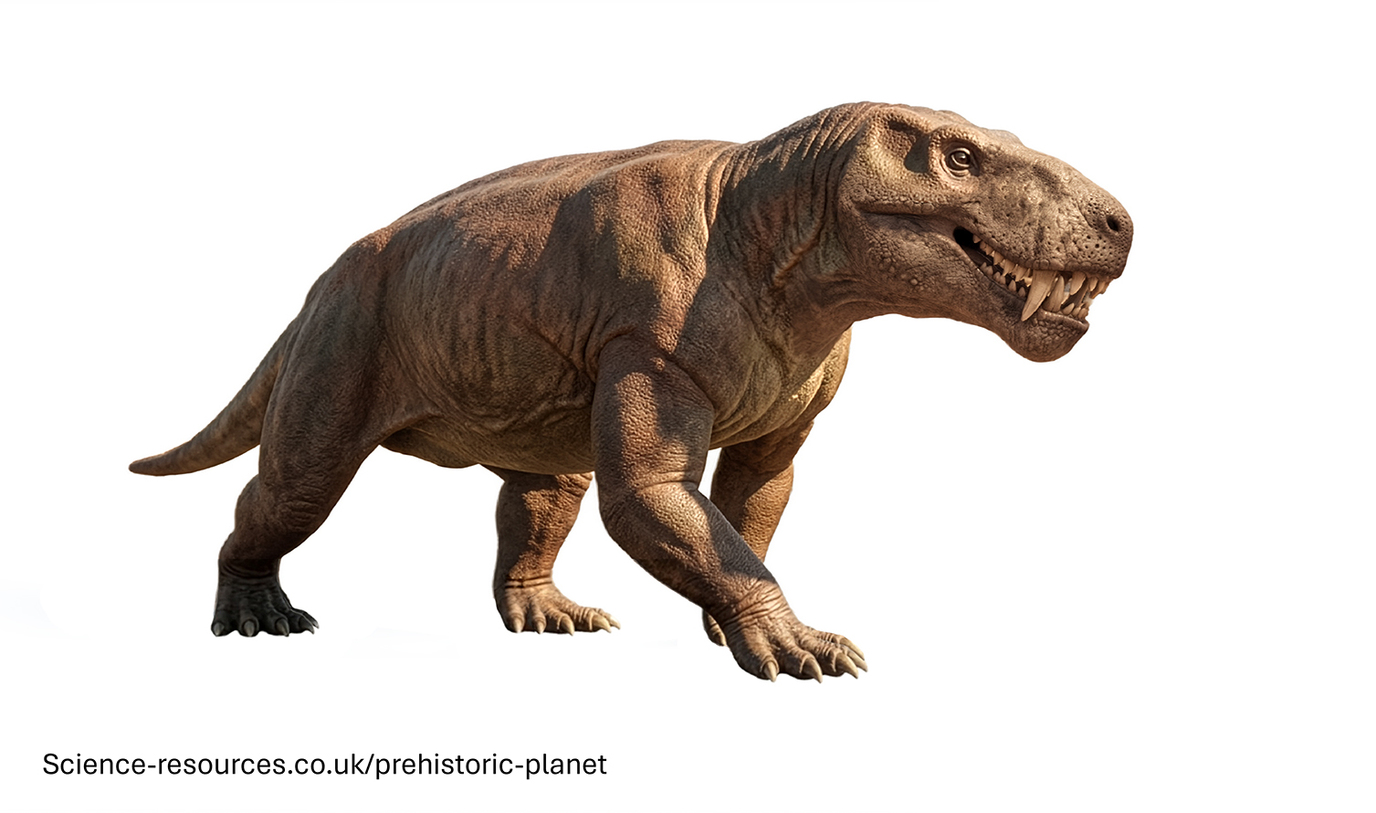 A photo realistic image of an Inostrancevia on a white background