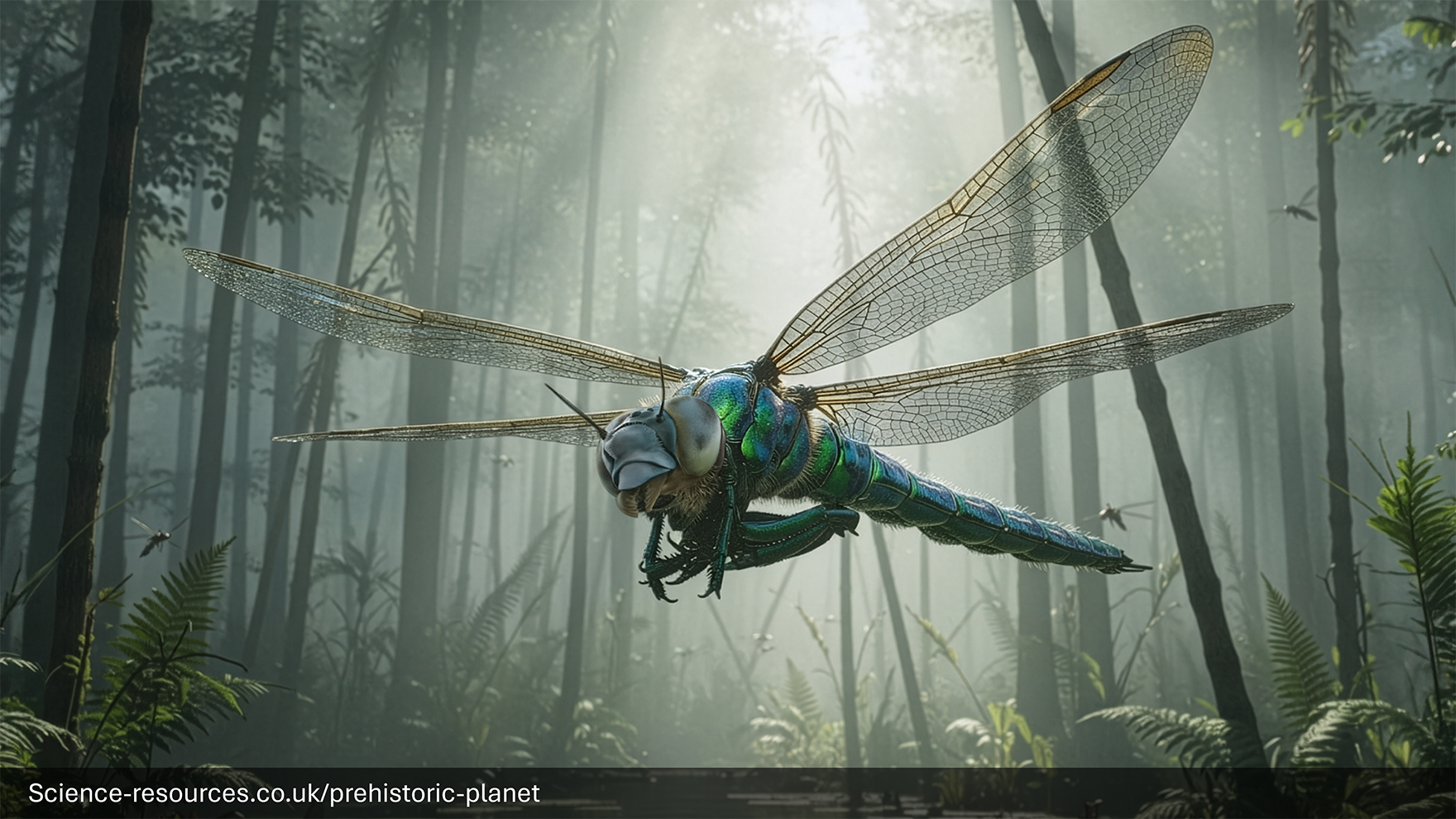 A realistic image of a Meganeura in a prehistroic forest.