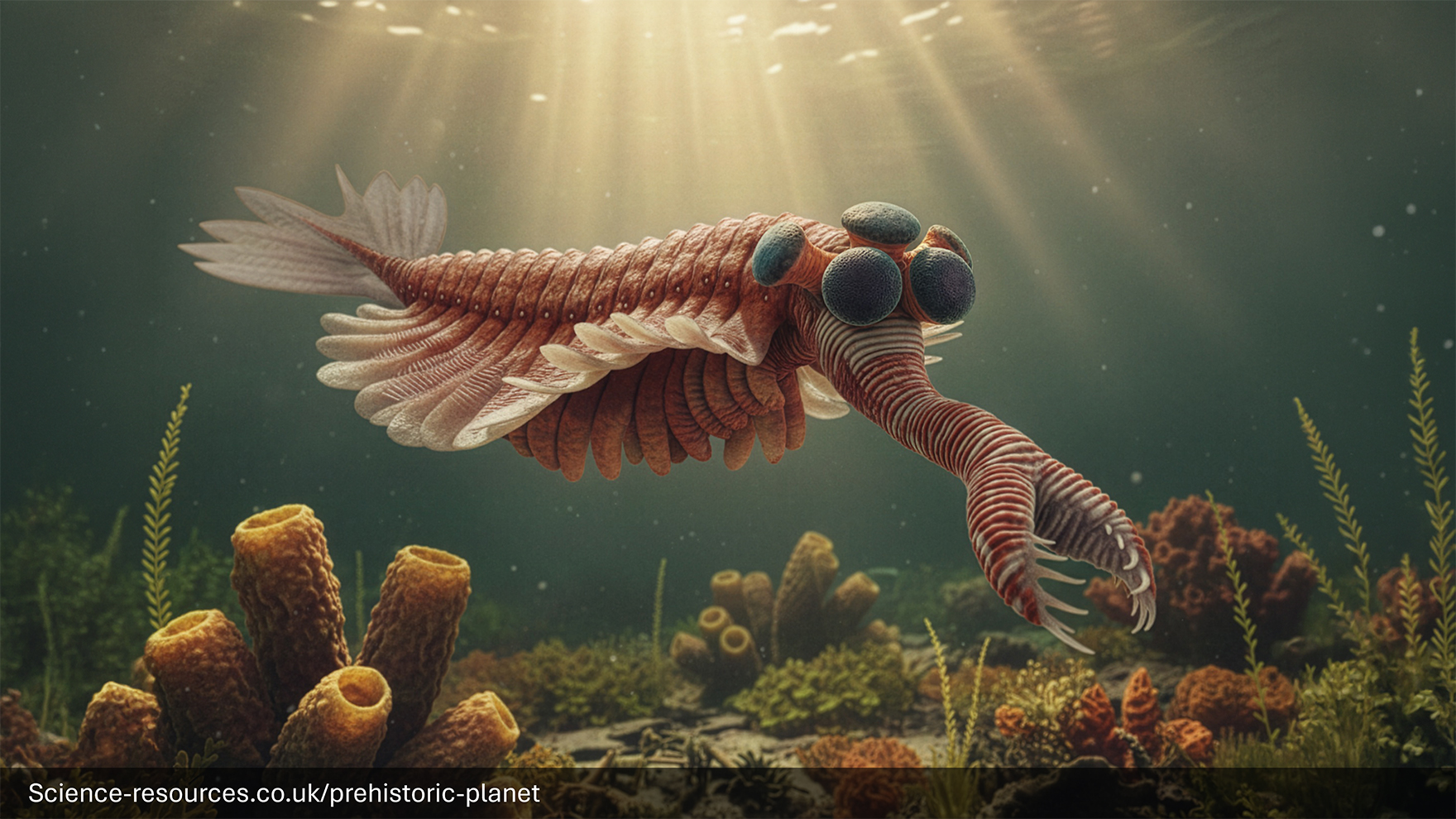 A realistic image of a Opabinia in a prehistroic ocean.