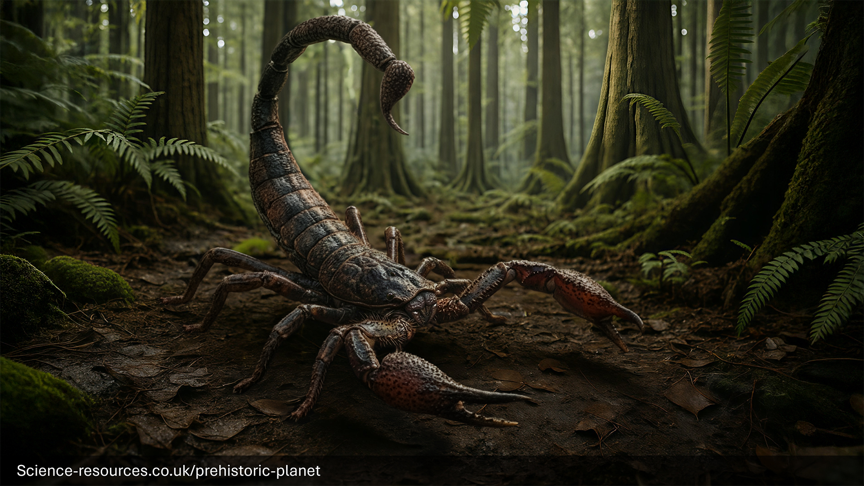 A realistic image of a Pulmonoscorpius in a prehistroic forest