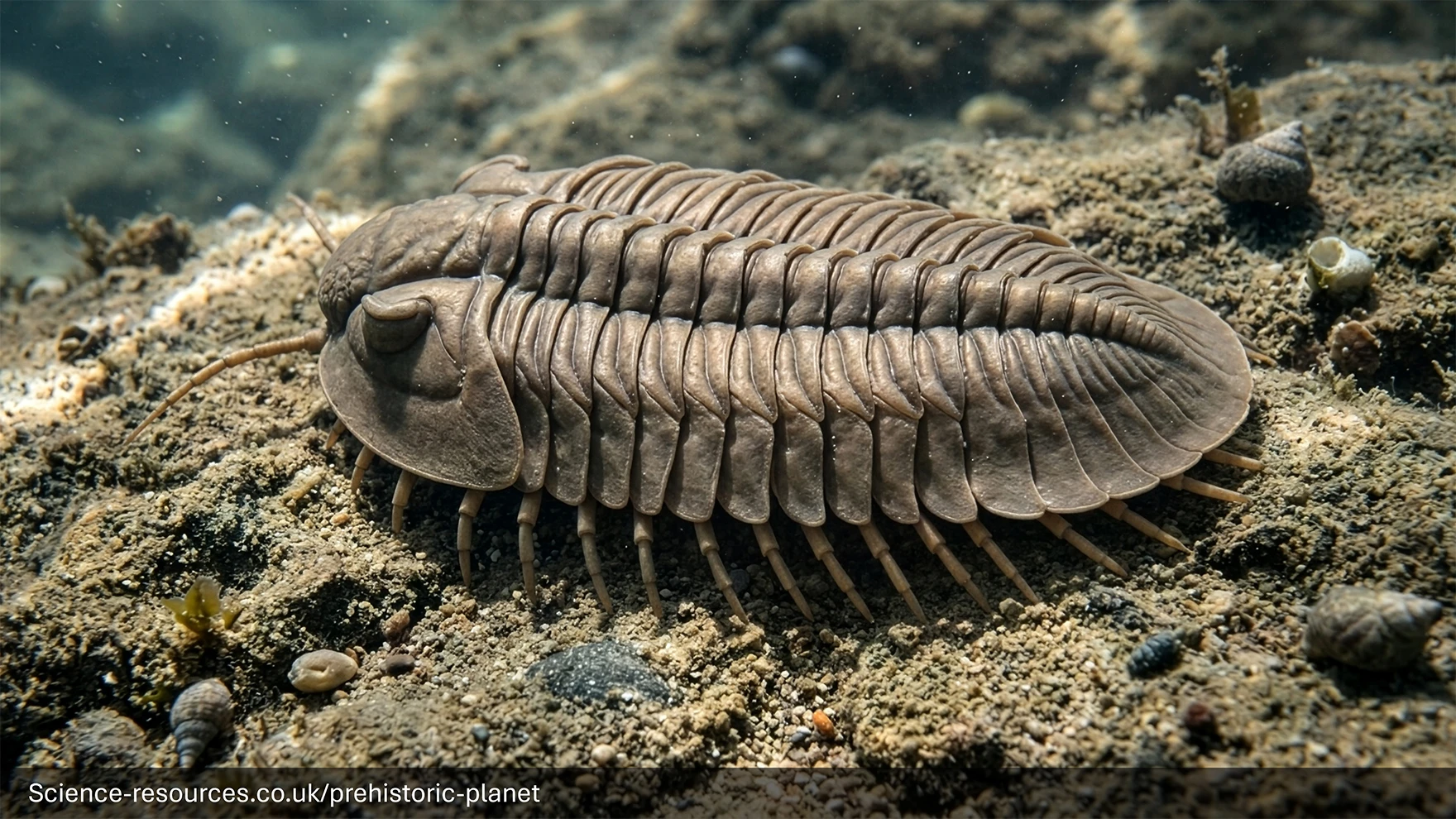 The image shows a lifelike reconstruction of a trilobite underwater, viewed from the side. The trilobite has a long, oval body made up of many curved, rib‑like segments that run from the head to the tail. Each segment has a smooth, slightly glossy surface, coloured in shades of brown and grey. The head is rounded with two raised, textured eye structures, and several thin, curved antennae extend from the front. Dozens of small, jointed legs line the underside of the body, partly visible against the sand.
The seafloor beneath the trilobite is uneven and covered with coarse sand, small rocks, shells, and scattered fragments of marine debris. In the background, the underwater environment fades softly into bluish‑green light, giving a sense of depth. Fine particles appear suspended in the water near the trilobite, adding to the realism. Text at the bottom left reads “Science-resources.co.uk/prehistoric-planet”.