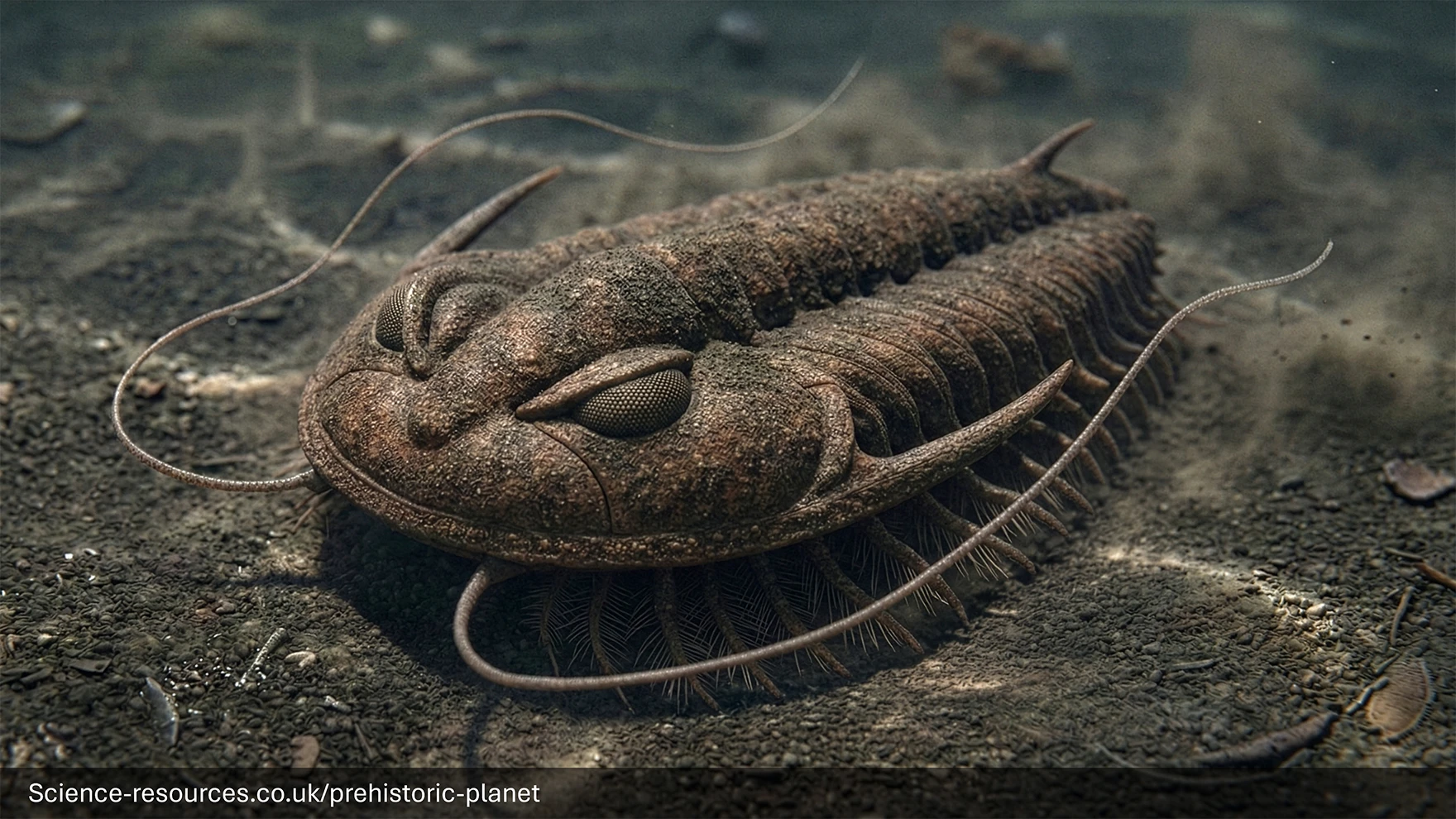 The image shows a realistic digital reconstruction of a trilobite moving slowly over a shadowy underwater seabed. The trilobite has a long, segmented body made of textured, armour‑like plates. Its head region includes two large, rounded compound eyes and a smooth curved front edge. Several long, thin antennae extend forward and sideways, gently curving through the water. Many small legs are visible underneath the body, partly obscured by drifting silt.
The seabed is dark and grainy, with fine sediment, small fragments of shell, and scattered debris. The background fades into bluish‑green water with low light, giving a murky, deep‑sea appearance. The trilobite’s shell has a rough, weathered surface with brown and grey tones. At the bottom of the image, there is visible text: “Science-resources.co.uk/prehistoric-planet”.