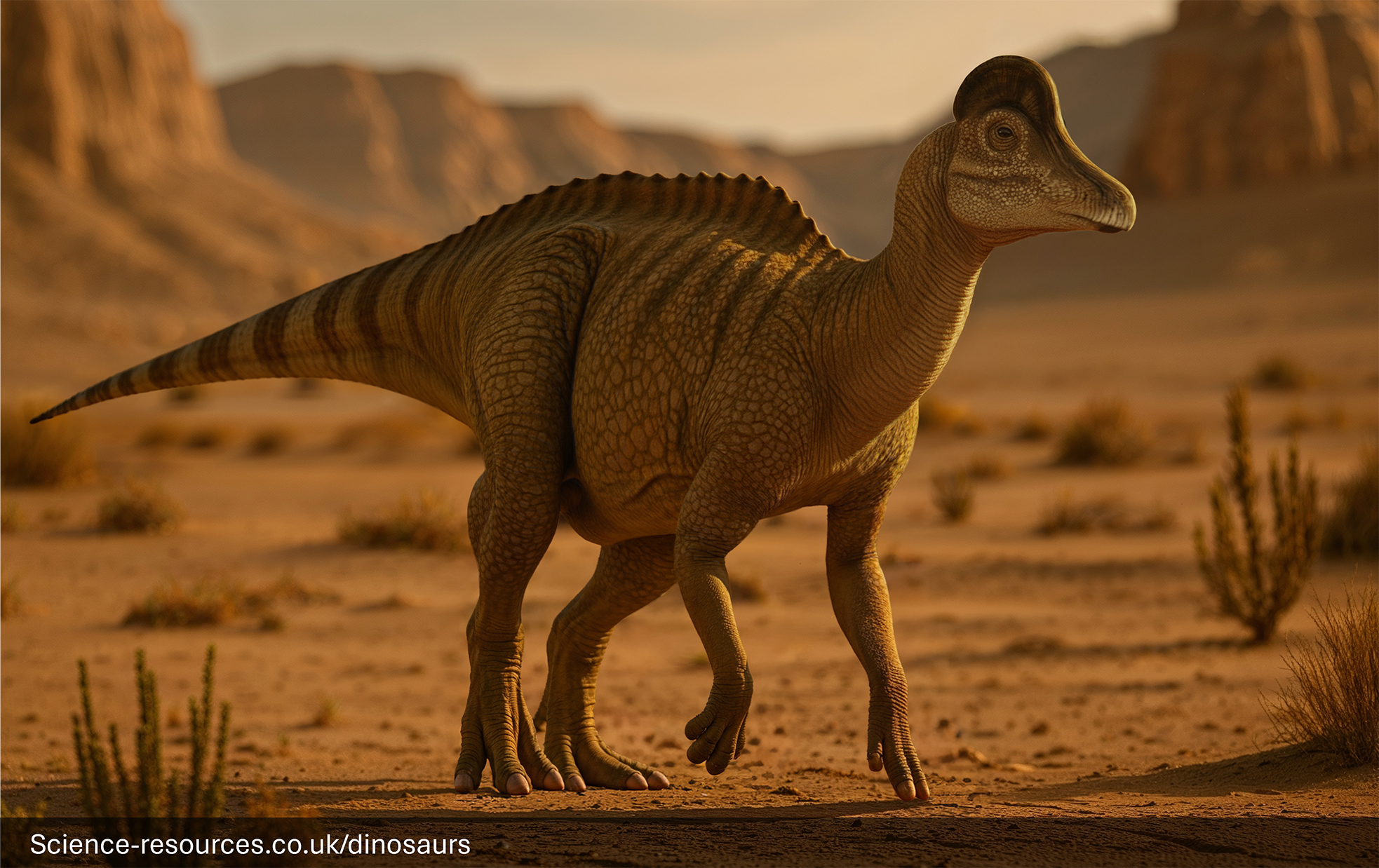 Corythosaurus dinosaur A realistic render of a Corythosaurus Dinosaur in a prehistoric desert.
