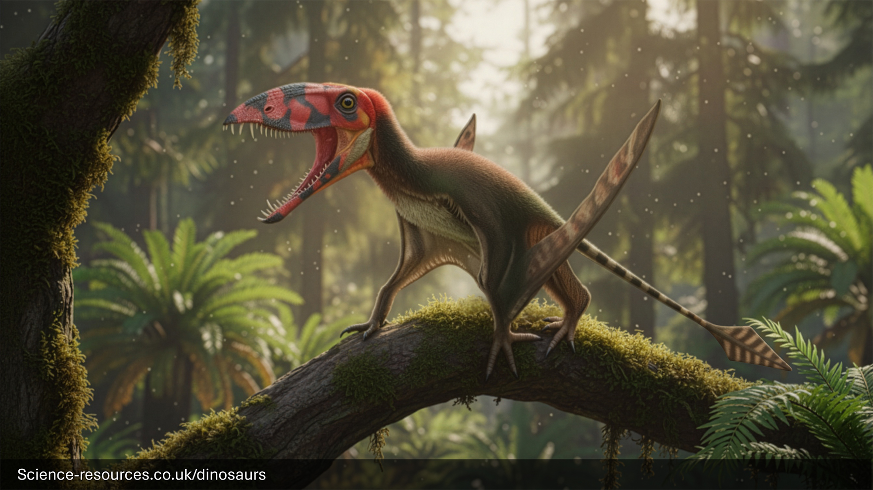 Dimorphodon perched on a tree branch A realistic depiction of a Dimorphodon perched on a moss covererd tree branch in a dense pehistoric forest. In the background, there are tall fir trees.