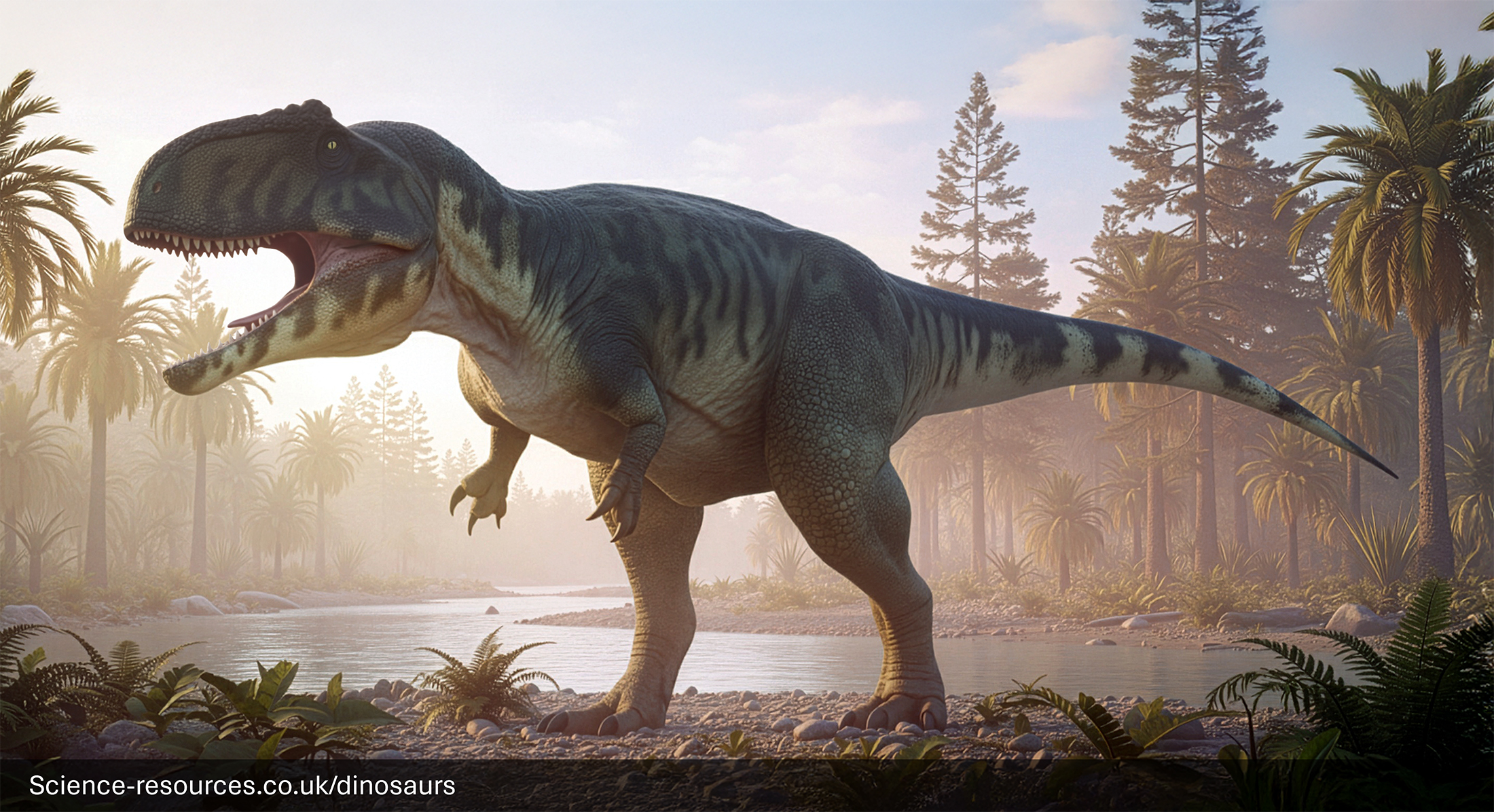 The image portrays a realistic rendering of an Giganotosaurus dinosaur in a prehistoric desert setting. The Giganotosaurus is standing ion the edge of a prehistoric woodplain, with large fur and palm trees in the distance.