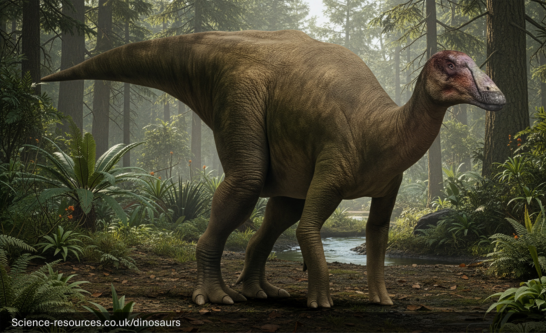 A lifelike representation of an Hadrosaurus dinosaur standing majestically against a backdrop of mountains and blue skies, with its textured brown skin and lighter stripes highlighted under the partly cloudy sky.