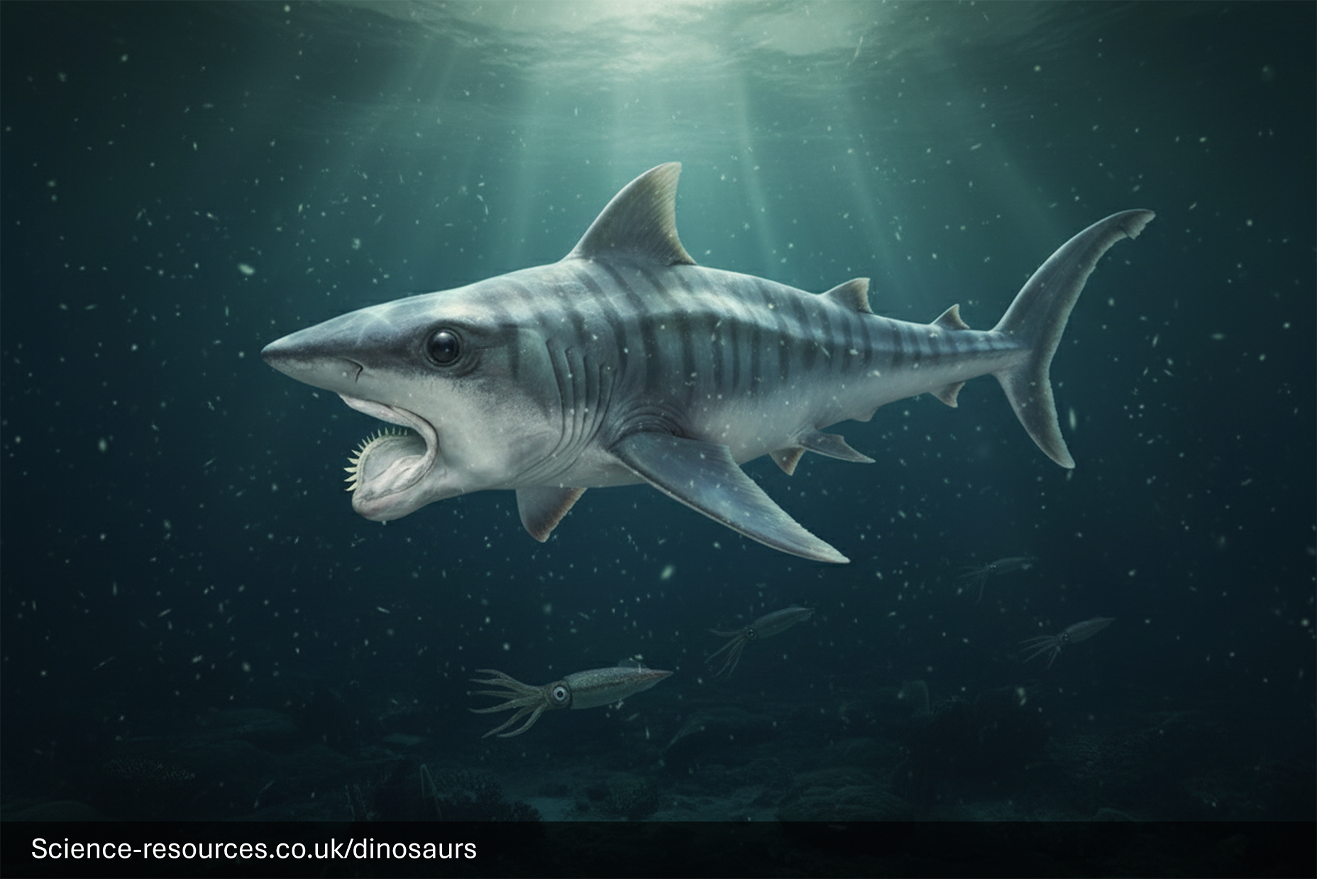 A realistic depiction of an Helicoprion swimming in a prehistoric ocean.
