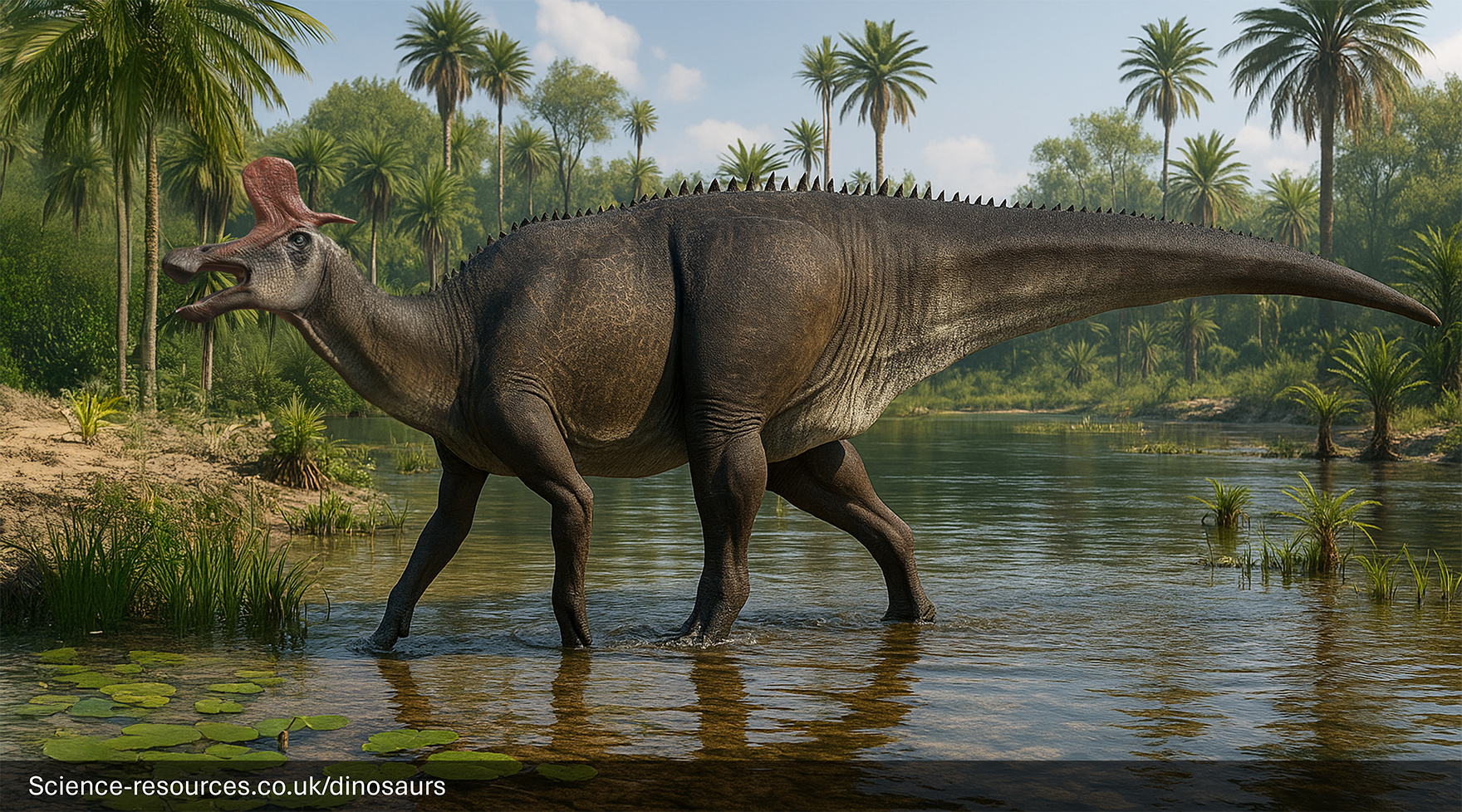 A lifelike representation of an Lambeosaurus dinosaur wading through a prehistoric lagoon.