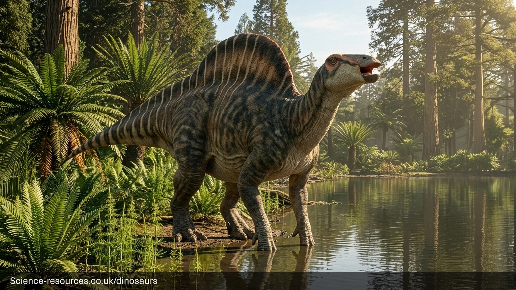 A lifelike representation of an Ouranosaurus dinosaur standing majestically against a backdrop of furns overlooking a prehistoric lake.