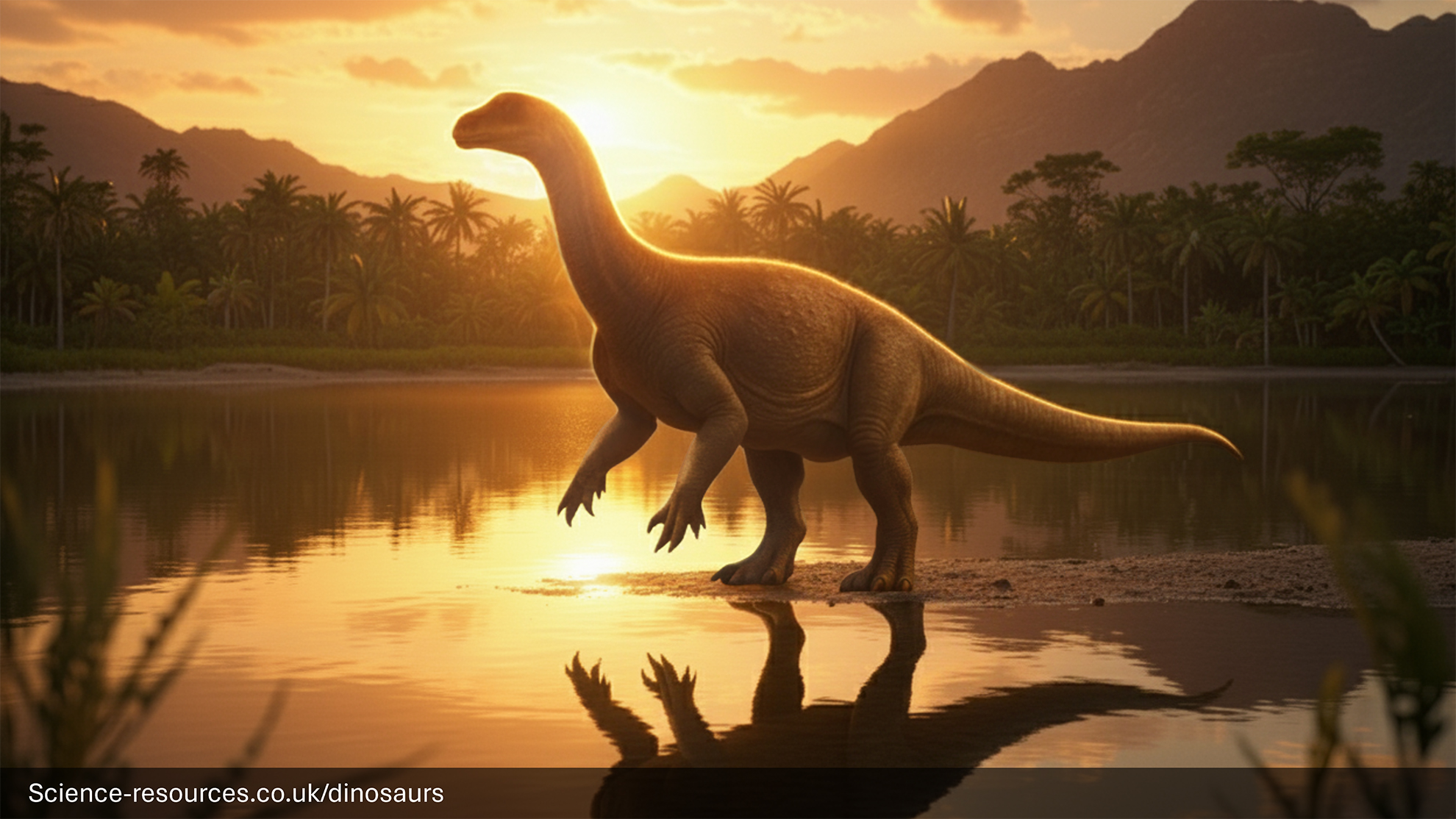 Plateosaurus A hyperrealistic image of a Plateosaurus, a primitive sauropod dinosaur, walking along the edge of a calm prehistoric lake during a vibrant late sunset. The scene features realistic lighting with warm golden and orange hues, soft, long shadows, and prominent rim lighting around the dinosaur's silhouette. Detailed skin textures and lifelike shadow effects are emphasized. The background includes lush tropical prehistoric vegetation, distant mountains, and a clear reflection of the sunset in the water. A subtle depth of field blur is applied to the foreground and background, giving the impression of a scene from Apple TV's Prehistoric Planet.