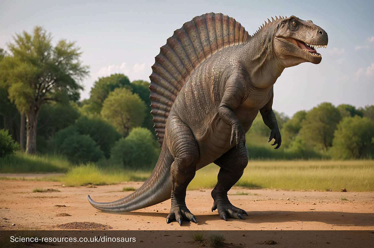 Modern-day reimagining of Ernst Stromer's 1915 Spinosaurus skeleton reconstruction. (Dinosaur depicted as standing upright and dragging its tail - classic tripod stance). 