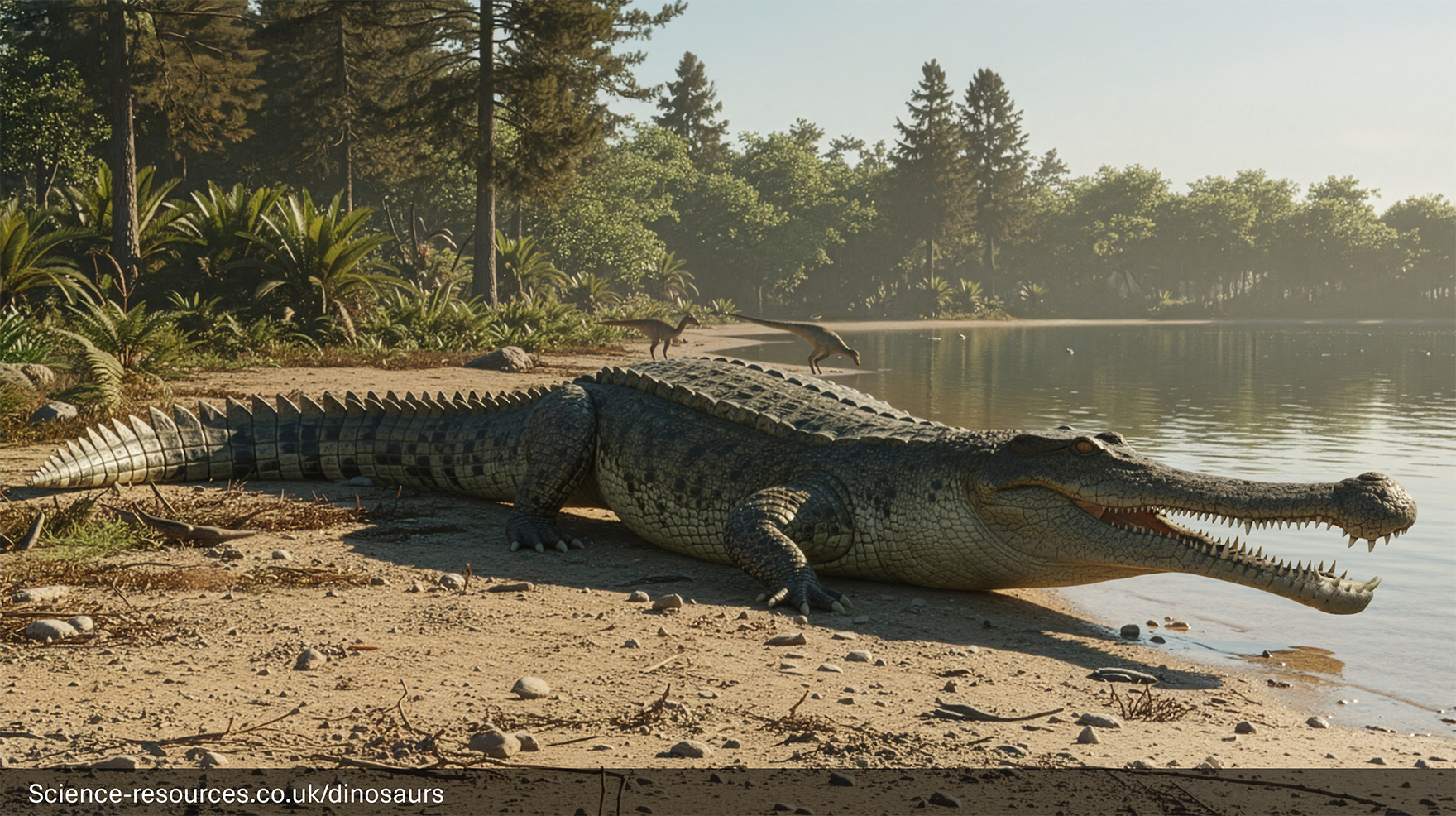 A realistic depiction of an Sarcosuchus basking in the sun next to a prehistoric lake. 