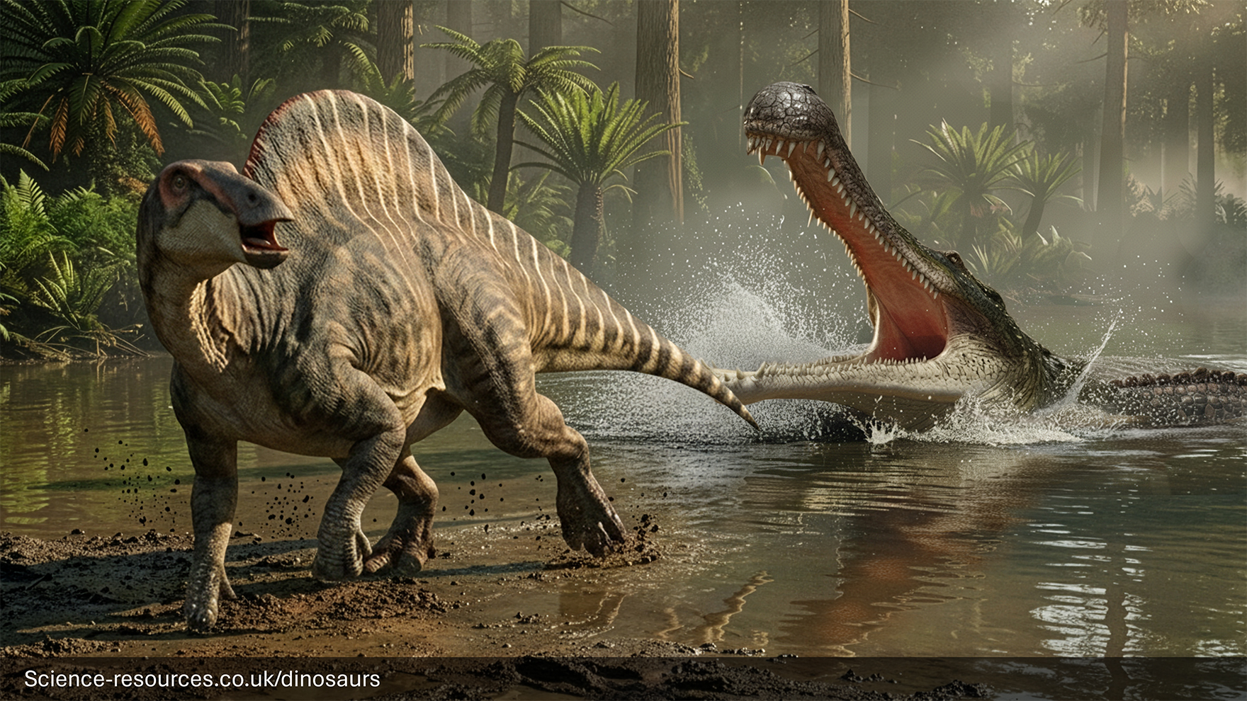 A large Ouranosaurus stands in shallow, muddy water in a lush prehistoric forest, its sail-like back arched as it looks over its shoulder in alarm. The dinosaur’s skin is mottled with earthy browns and greys, and its front legs are braced as if preparing to flee. Behind it, a massive Sarcosuchus bursts out of the water with jaws wide open, sending splashes in all directions. The crocodile-like predator’s long snout, sharp teeth, and powerful body are partly submerged, creating a dramatic sense of motion. Tall conifer-like trees, ferns, and misty forest light fill the background, giving the scene a primeval atmosphere.