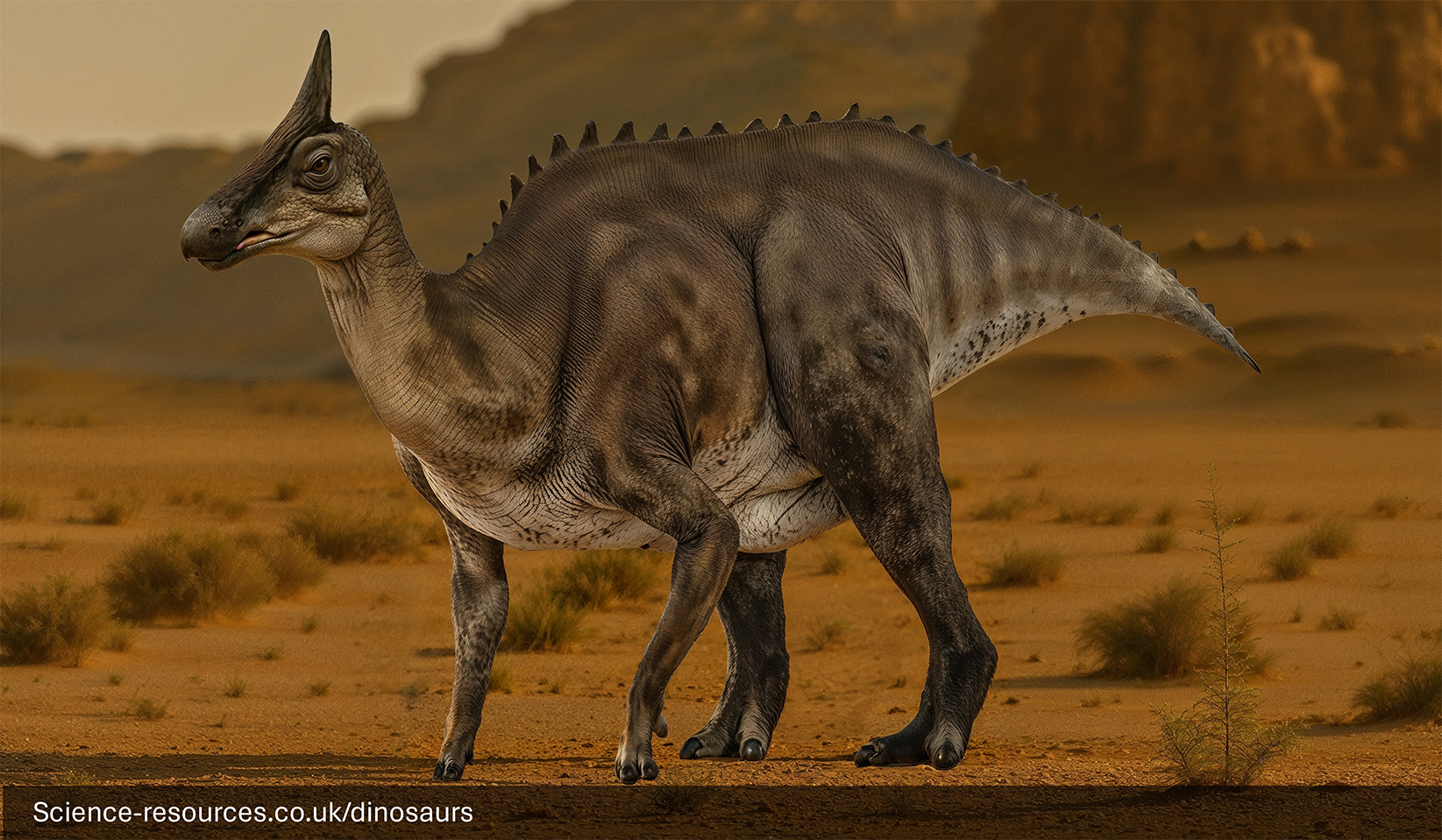 A realistic render of a Saurolophus Dinosaur in a prehistoric desert with volcanoes in the background.