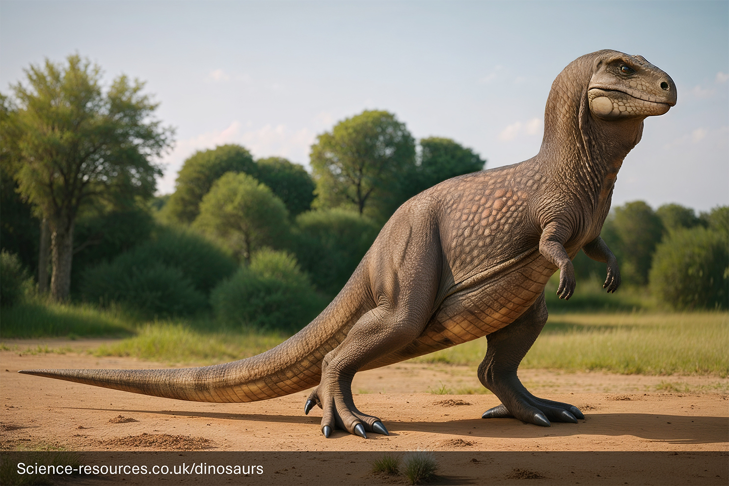 Modern-day reimagining of Charles Robert Knight's 1930s drawing of a Tyrannosaurus Rex. The Dinosaur is depicted as standing upright and dragging its tail along the ground like a Kangaroo.